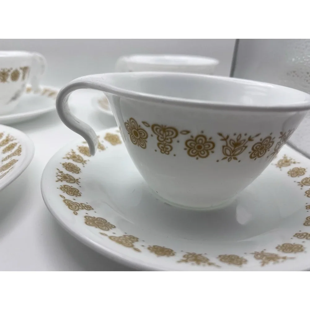 Vintage Corelle Butterfly Gold Teacups Saucers Set 4 Corning Glass White Yellow